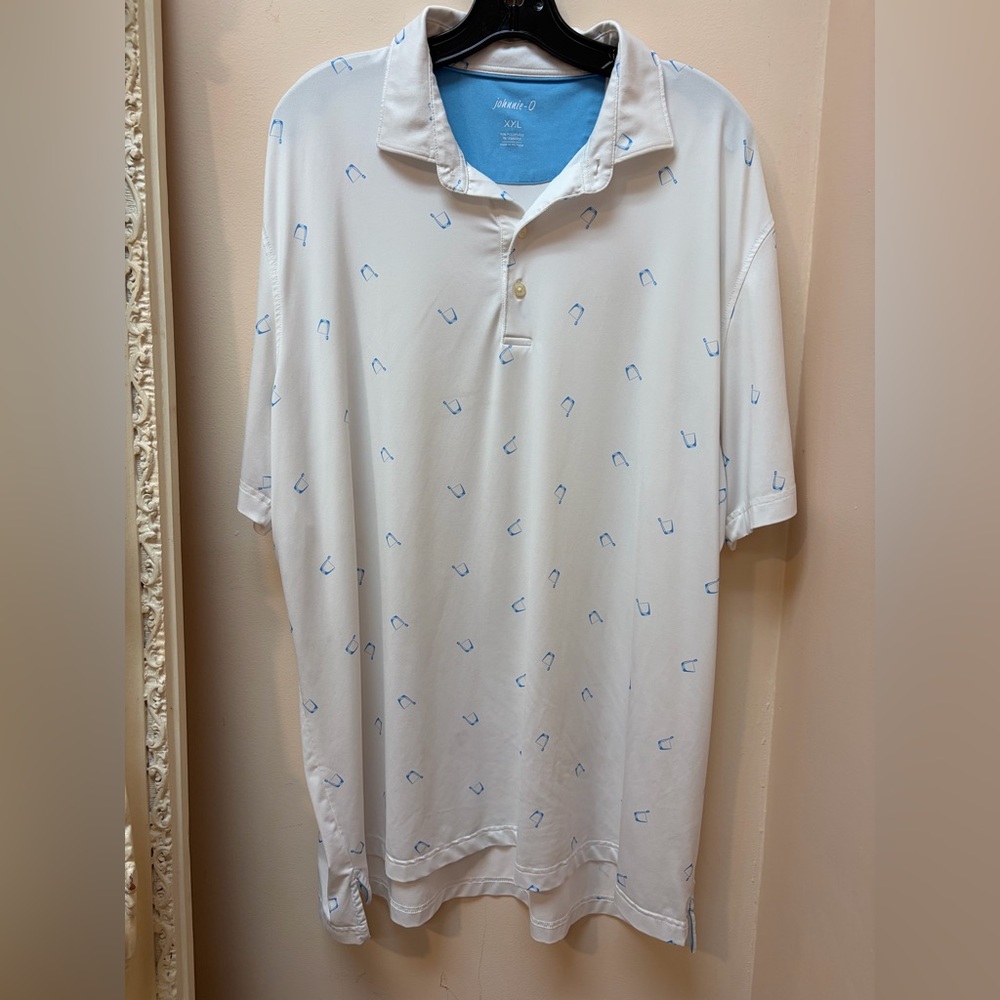 johnnie-O Polo Shirt Mens XXL White Blue Cocktail Print Performance Stretch Golf